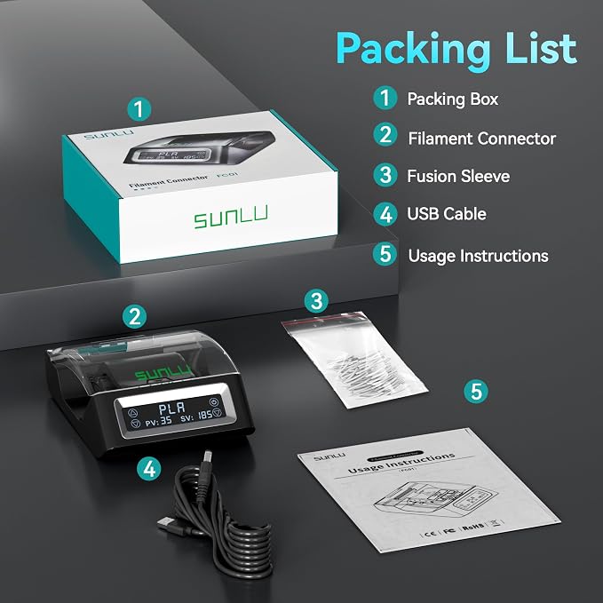 SUNLU Filament Connector, Filament Joiner Includes 200 PTFE Sleeves, Thread Splicer for 3D Printing Supplies Fast Heating Up to 240°C Compatible with 1.75mm PLA, PCL, ABS, PETG, PA/PC