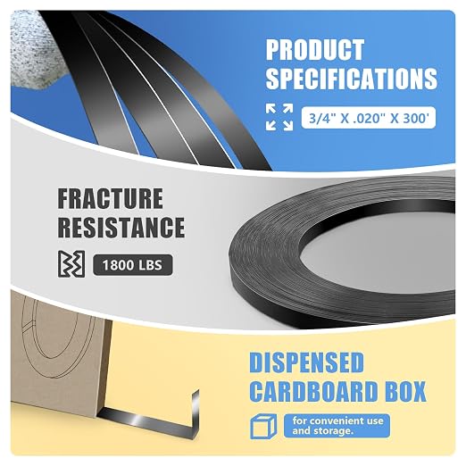 3/4" x .020" x 300' Black Steel Strapping Coil with Portable Dispensed Box Painted and Waxed Metal Band for Pallet Banding(1800 lbs Break Strength)