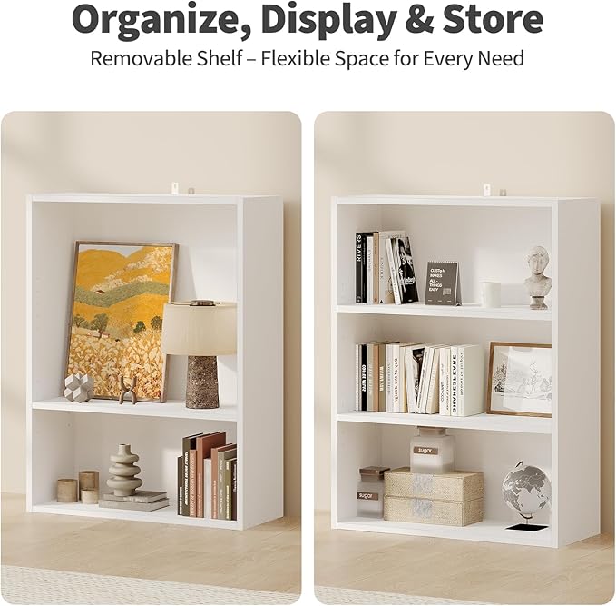 Sweetcrispy Industrial 3 Shelf Bookcase - Large 31.5 Inch Tall Floor Standing Open Bookshelf for Home Office, Living Room, and Bedroom Storage, Display Organizer, White
