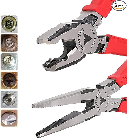 VAMPLIERS 2-PC Screw Extractor Pliers Set. Made in Japan: 7.5” Long Nose + 8" Heavy Duty Linesman Pliers. High Carbon Steel. For Removing Stripped/Rusted/Damaged/Security Screws.