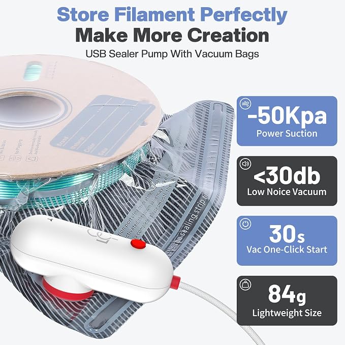 Vacbird Upgraded 3D Filament Vacuum Storage Bags with USB Pump, 30 Pack Light-Blocking Filament Bags, 2X Faster Air Removal, Universal Pump Fit, 12.6×13.38 Inch