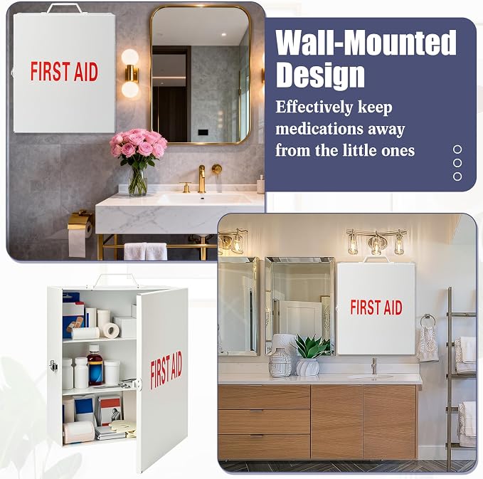 Timgle 1 Pcs First Aid Kit with Lock 3 Shelf Wall Mount Medicine Cabinet with Key Lock Handle Locking Medical Cabinet Lightweight Medium Wall Organizer Steel Storage Box for Business Worksite (White)