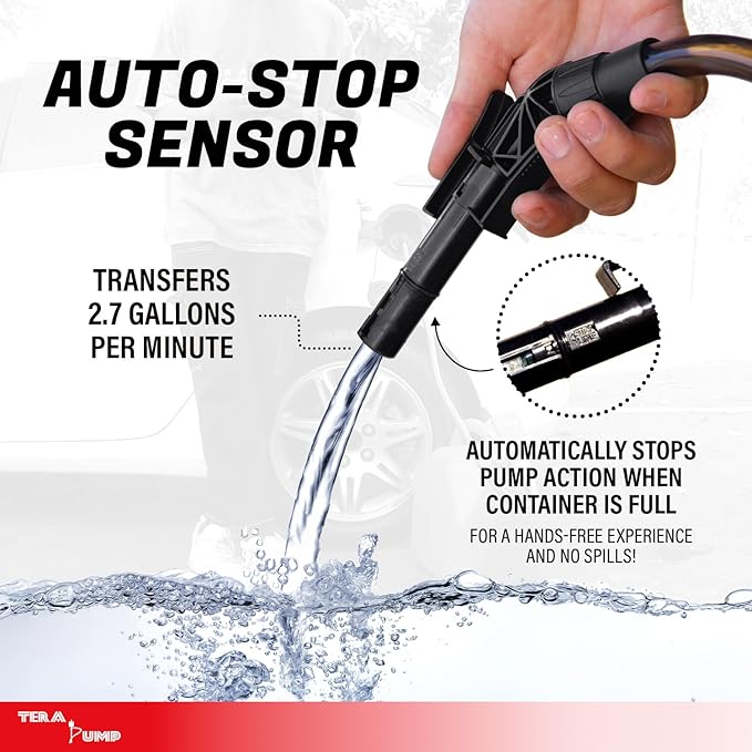 TERA PUMP 5th Gen TRFA01 Fuel Transfer Pump with Overfill Protection | 2.7 GPM, Universal Gas Can Adapter, 39.4 inch Vinyl Hose, For E15, E85, Gas, Diesel