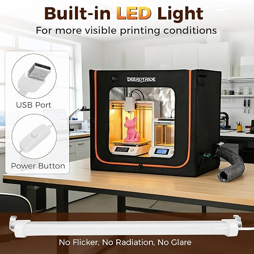 Large Resin 3D Printer Enclosure with Ventilation System & LED Light, Vented 3D Printer Enclosure with Carbon Filter, Odor Control, Noise Reduction, Dustproof Tent Cover for LCD UV Resin Printers