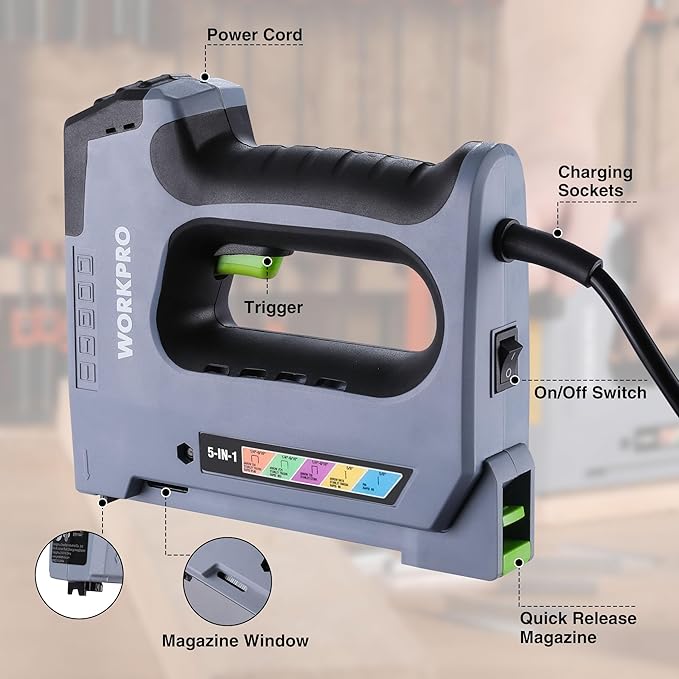 WORKPRO 5 in 1 Staple Gun,110V Corded Brad Nailer with 2000 Staples and Nails, Electric Staple Gun for DIY Project of Woodworking