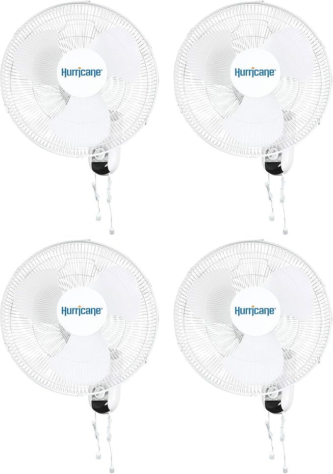 Hurricane Classic 4 Pack Oscillating Wall Mount Fan w/ 3 Quite Speeds, White, 16" - Corded Electric Air Cooling Unit w/Pull Cord Controls for Home, Grow Tents, Offices, Sheds, Studios, Garages, Dorms
