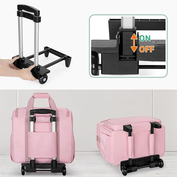 LUXJA Rolling Teacher Bag with Laptop Compartment and Detachable Dolly, Multifunctional Rolling Teacher Tote Bag (Patent Pending), Pink