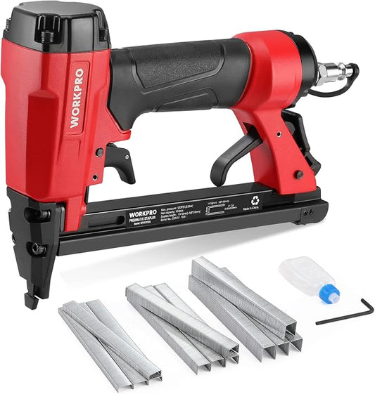 WORKPRO 8016 Pneumatic Staple Gun, 21 Gauge Upholstery Stapler with 1500pcs Staples 1/4" to 5/8", Air-Powered, Rear Exhaust, for Carpentry, Woodworking and DIY Projects