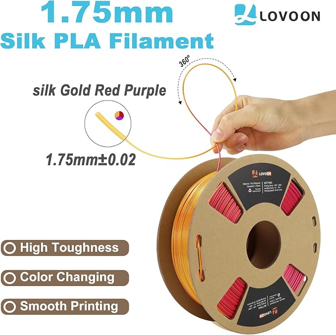 LOVOON 3D Printer Filament Tricolors, Color Change by Angle PLA Filament 1.75mm, Silk PLA Filament, Gold Red Purple Three Colors, Most 3D Printer and 3D Pen Compatible, 1KG(2.2lbs)/Spool