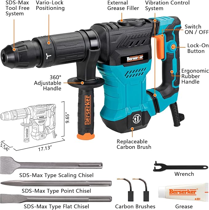 Berserker 1300W 12-Pound SDS-Max Demolition Jack Hammer 45HMC,11-Amp Corded | Small Lightweight Electric Concrete Breaker for Tile Removal with Vibration Control,Trigger Lock,Carrying Case & 3 Chisels