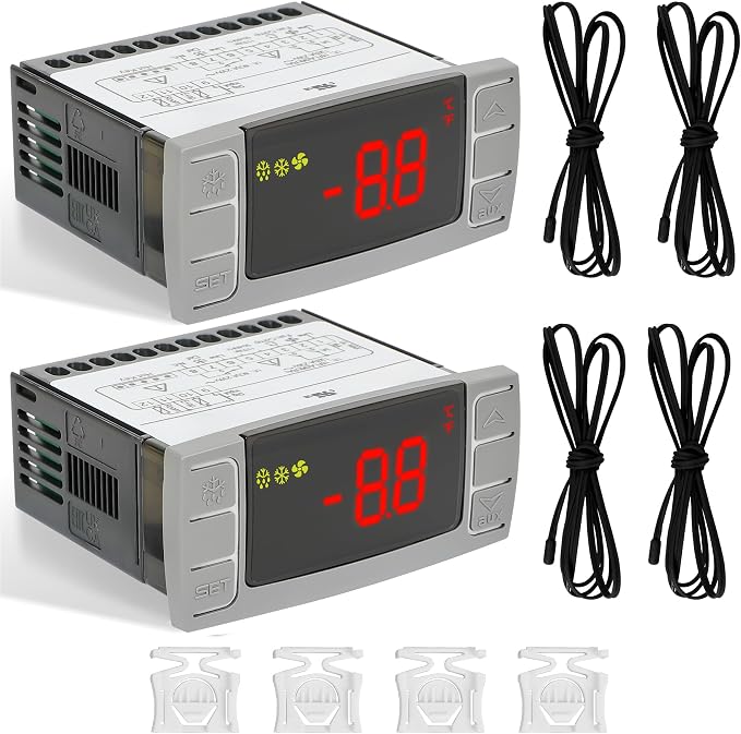 Replacement for Dixell XR06CX-4N1F1 Temperature Controllers, Ideal for 120V 50-60hz Commercial Refrigerators/Freezer, Digital Thermostat with Sensor Probe & Mounting Hardware - 2-Pack