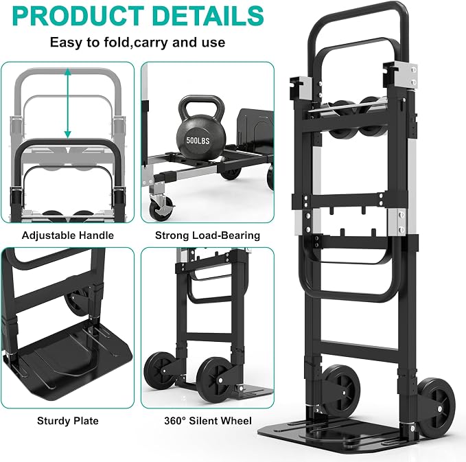 3-in-1 Folding Hand Trucks, 500lbs Convertible Dolly, Dolly Cart with Wheels Heavy Duty, Moving Cart with Retractable Handle, Collapsible Trolley for Moving Office/Home/Warehouse/Boxes/Cartons (Black)