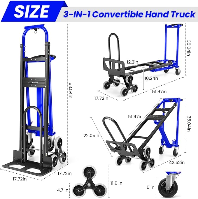 4-in-1 Hand Truck Dolly Heavy Duty Industrial Convertible, 1000 LBS Stair Climbing Cart Utility Cart Converts from Hand Trucks Dolly to Platform Cart Folding Stair Climbing Cart (Blue)