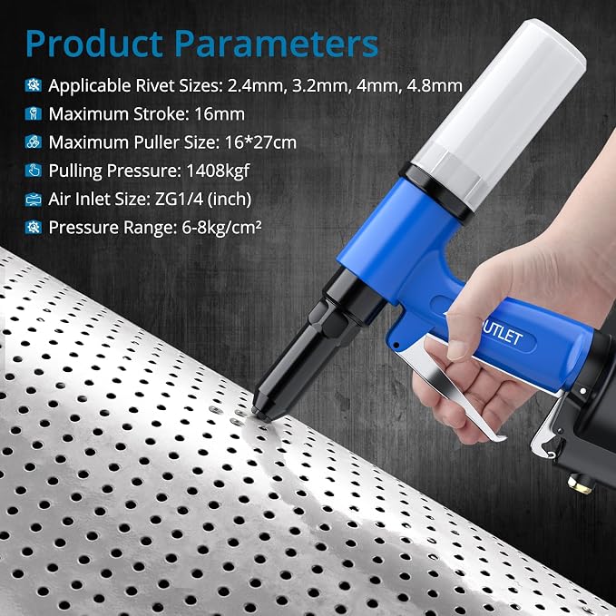 AUTOUTLET Pneumatic Rivet Gun Kit Heavy-Duty Riveter 4 Sizes Air Hydraulic Riveting Tool for Manufacturing Fields