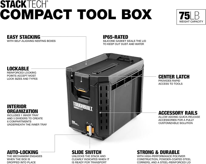 ToughBuilt – StackTech Compact Tool Box, Lockable Organizer with Removable Tray, IP65 Protection & Auto-Locking System (TB-B1-B-60C)