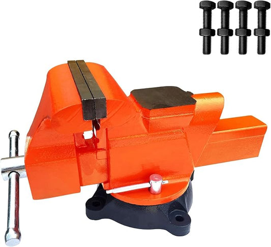 Bench Vise 6 Inch Jaw Width 5.5 Inch Jaw Opening Home Vise - Secure Grip with 360° Swivel Base Home Vise Rotation Base - Assembled with a Combination of Heavy Duty Cast Iron and Steel - Orange