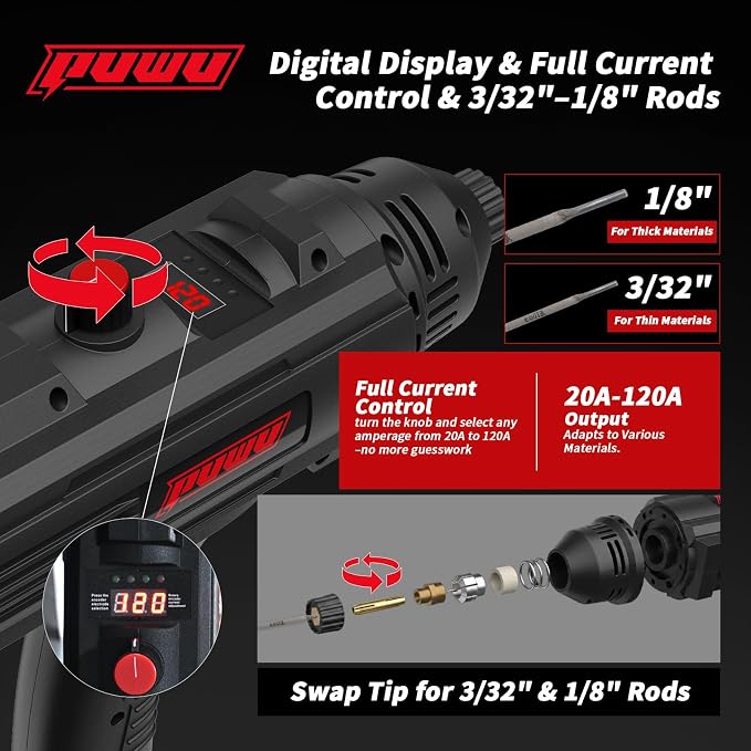 Portable Handheld Welding Machine - 110V IGBT Inverter Welder with Digital Display, 20-120A (Full Current Control) ARC STICK Welder Gun, Hot Start & Anti-Stick for 3/32"& 1/8" Welding Rods