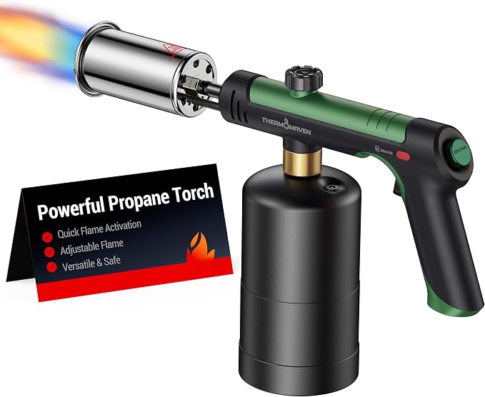 ThermoMaven Propane Torch with One-Touch Max Fire, Blow Torch Gun with Safety Lock, Charcoal Lighter Flame Thrower, Kitchen Food Torch Head for Grill, Sous Vide, BBQ, Evergreen(Tank Not Included)