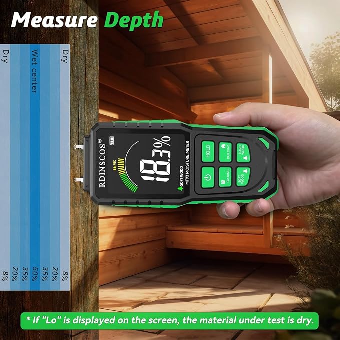 RDINSCOS Rechargeable Moisture Meter for Wood, Walls & Hardwood | Pin-Type Digital Moisture Tester, Large Color Display, Automatic Alarm, Calibration & HOLD Function for Firewood,Lumber