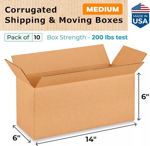 Medium Moving & Shipping Boxes 14x6x6 inches (10-Pack) - Extra Strength 200 lb vs Regular - USA-Made Corrugated Boxes for Packaging - Durable Cardboard Box for Shipping - Packing Box by IDL Packaging