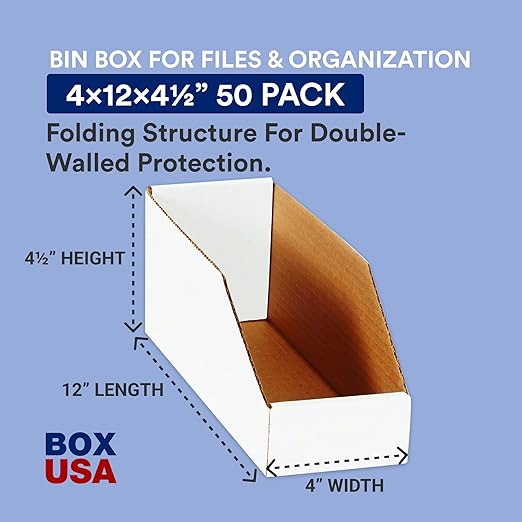 Box USA Cardboard Storage Bins, Open Top Bin Box, 4L x 12W x 4.5H 50-Pack | Medium for Inventory, Organization, Parts, Garage, Oyster White