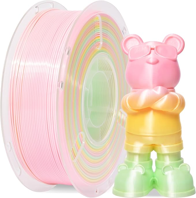 RAMBERY 3D Printer Filament 1KG Silk Rainbow PLA Filament Fast Color Change Toughness Upgraded 3D Printing Filament, 1.75mm 1kg(2.2lb), Pink Yellow Green