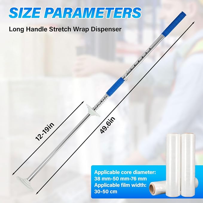 Stretch Wrap Dispenser丨48 Inch Long Handle Pallet Wrap Tool丨Fits 12"-19" Film Rolls with 1.5"-3" Core丨Heavy Duty Aluminum Stretch Film Holder for Warehouse Shipping Packaging（Film Not Included）