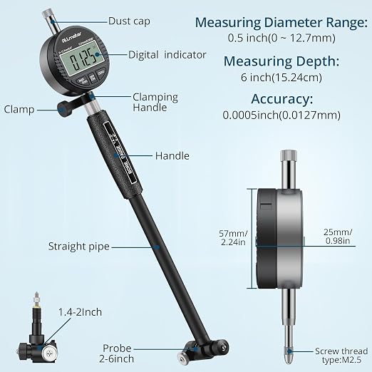 Digital Bore Gauge 1.4"-6",Engine Cylinder Bore Measuring Tool with LCD Display,15 Anvils,6" Measuring Depth,0.0005" Resolution for Cylinder Wear,Taper & Out-of-Round Inspection