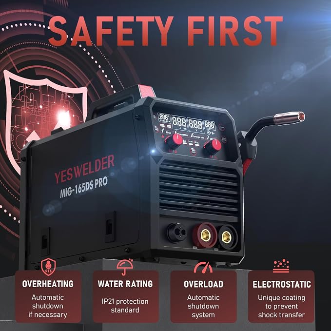 YESWELDER 165A MIG Welder & Lift TIG Torch, 110V/220V Dual Voltage, 4 in 1 Gas MIG/Flux Core MIG/Lift TIG/Stick Multiprocess Large LED Digital Display MIG Welding Machine with 35-50 Lift TIG Gun