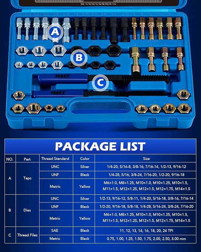 Orion Motor Tech 49 Piece Thread Chaser Set, Metric and SAE Thread Repair Kit with 22 Taps 24 Dies 3 Thread Files, Universal Rethreading Kit Thread Restorer Tool Set in UNC UNF Metric Sizes with Case