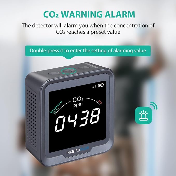 INKBIRDPLUS Ndir Air Quality Monitor Indoor with Battery Powered | 3 in 1 Detect for CO2 & Temperature & Humidity | for Home, Office, RV, Grow Tent (PTH-9C)