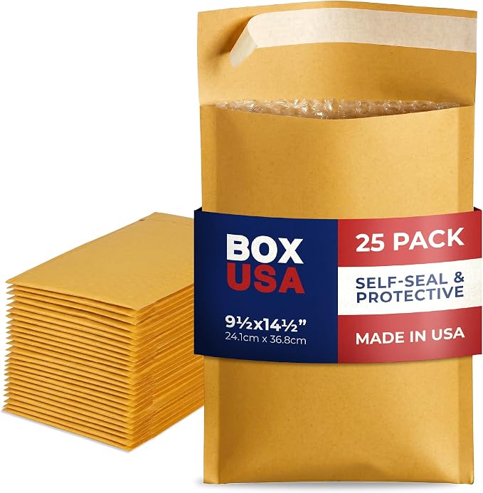 BOX USA 9 1/2 x 14 1/2" Kraft Bubble Mailers (25-Pack) - Brown Padded Envelopes, Self-Seal Shipping Bags for Small Business, Heavy Duty Cushioned Mailing Envelopes for Packaging and Shipping