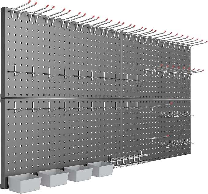 TORACK Garage Tools Organizer Boards Kit with Hooks, Modular Wall-Mounted Tool Storage Pegboard for Workbench(Black, 4 Panels with Hooks)