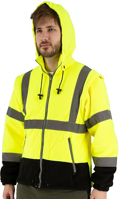Majestic 75-1383/M High Visibility Yellow 8-in-1 Waterproof Jacket with High Visibility Liner, Removable Sleeves and Liner, PU Coated Oxford Fabric, ANSI 3 Type R, Medium