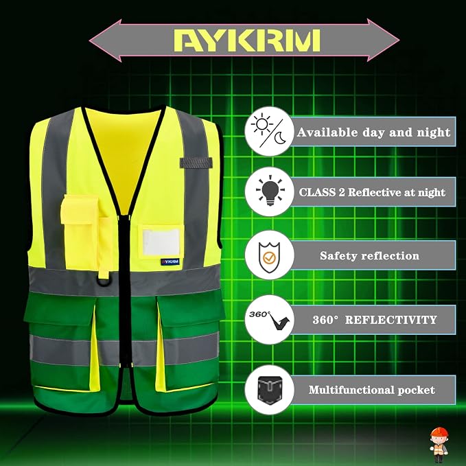 A-SAFETY Hi-Vis Reflective Vest, Radio Loop, Zipper, Yellow/Green, 6XL-8XL | Yellow/Green 6XL-8XL safety vest with 7 pockets, front zipper and reflective strips for sanitation work and landscaping.