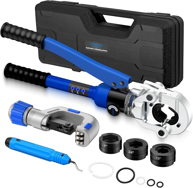 Hydraulic Copper pipe crimper with pipe cutter, Propress tool Vus Dies 1/2", 3/4", 1" With 360° Rotating head For Copper tube, Carbon/Stainless steel Pipes, With Durable Storage Case