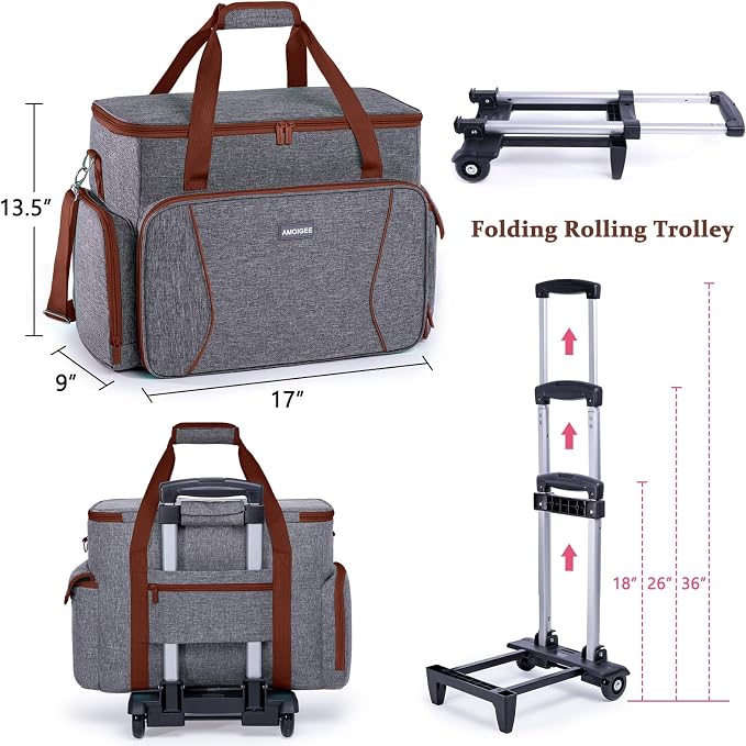 AMOIGEE Rolling Sewing Machine Case with Wheels – Sewing Machine Bag with Detachable Wheels Frame, Trolley Tote with Removable Padding,Fits Most Standard Machines Compatible with Singer,Brother,Janome