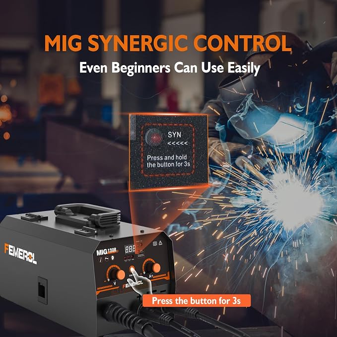 FEMEROL MIG Welder,2 in 1 Flux core/Stick Welder,130Amp 110V Gasless MIG Welding Machine with Synergy IGBT Inverter Welder Portable Wire Feed Welder