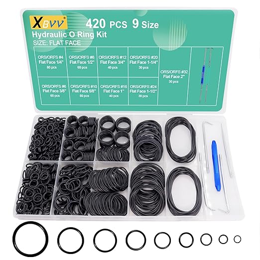 XBVV 420 Pcs Hydraulic O-Ring Kit for ORS/ORFS Flat Face Fittings 9 Size Buna-N 70A O-Ring Seal Kit with Pick for Hydraulic Fittings,SAE J1453 Fittings,Hydraulic Pumping,Size 1/4″-2″