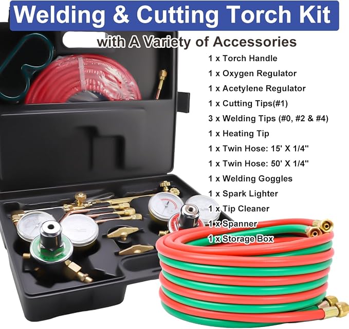Cutting Torch Set Oxy Acetylene Torch Kit,Portable Gas Cutting Torch and Welding Kit with 50FT Welding Hose，Heating Tip，Acetylene Oxygen Gas Regulator & Welding Glasses Storage Case