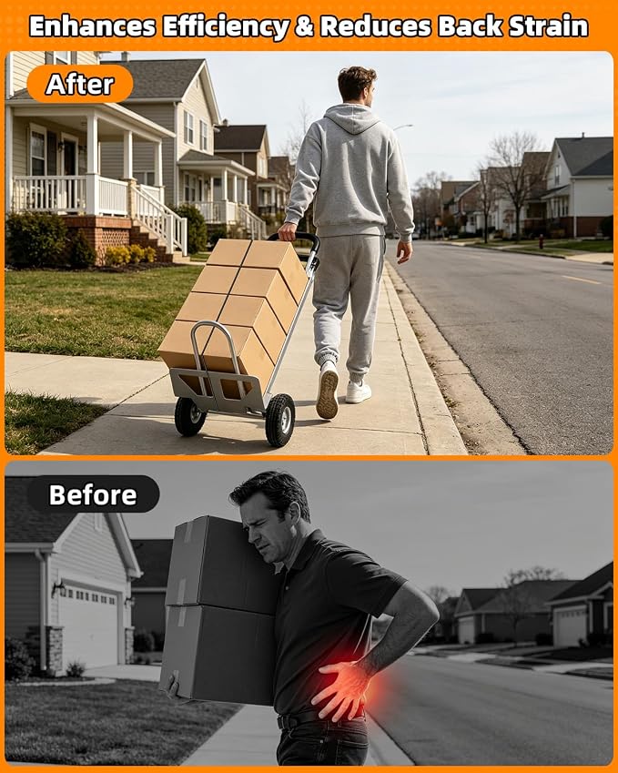 2 in 1 Hand Truck, 600 Lbs Capacity, Dolly Cart with Wheels 10" All-Terrain Tires, Heavy Duty Alloy Steel Dolly with Dual Handles, 2 Bungee Cord for Warehouse, Home, Office, Dormitory, Silver
