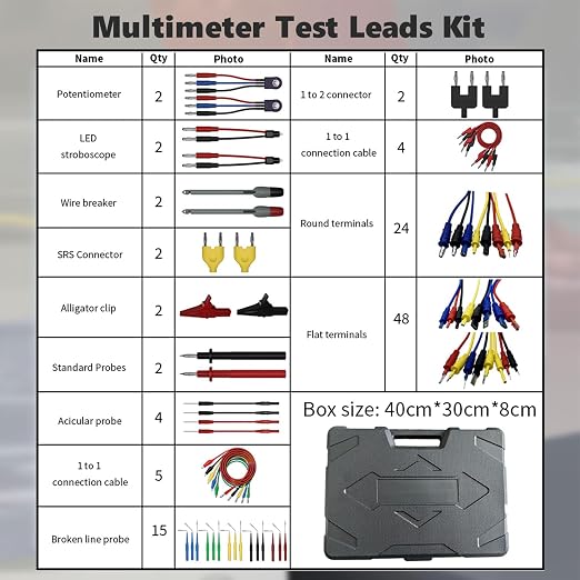 Multimeter Test Leads Kit 114PCS Multimeter Leads Kit Multi Function Electrical Back Probe Kit Efficient Automotive Circuit Test Leads Kit Relay Wire Terminal Test Diagnostic Tool with Alligator Clips