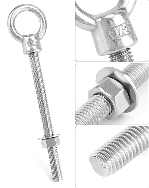 QWORK Machinery Eye Bolt with Shoulder, 5 Pack 1/2"x6" Long 316 Stainless Steel Marine Grade Thread Machinery Shoulder Lifting Ring Eye Bolts