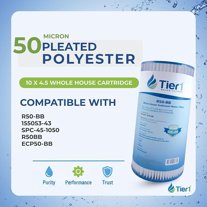 Tier1 50 Micron 10 x 4.5 Water Filter | Pleated Polyester Whole House Sediment Filter Cartridge | Replacement for Pentek R50-BB, 155053-43, SPC-45-1050 | High Flow 4.5 x 10 Water Pre-Filter
