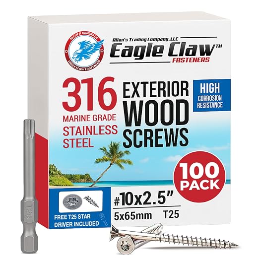 Allen's Trading Co. #10 x 2.5 Inch 316 Stainless Steel Screws Marine Grade (100 Pack, T25 Star) | Stainless Steel Wood Screws w/Driver Bit | High Corrosion Resistance for Coastal Construction