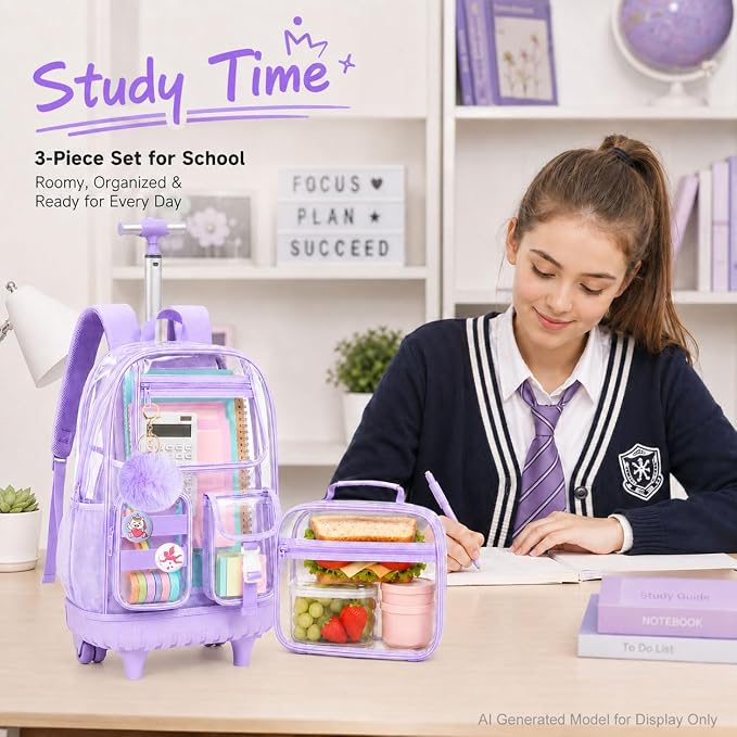 CCJPX 3Pcs Clear Rolling Backpack for Girls Women, Heavy Duty PVC Transparent Wheeled Bookbag, See Through School Bags with Wheels for Teens Elementary Travel - Purple