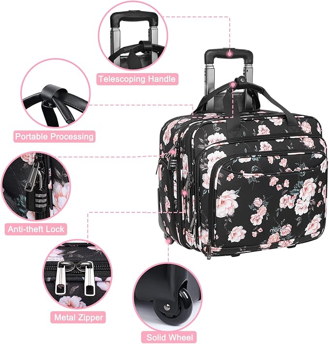 MOSISO Rolling Briefcase Laptop Bag for Women, Wheel Briefcase Teacher Bag for 15.6 inch with Coded Lock, Overnight Camellia Rolling Computer Bag on 2 Wheels with Belt for Work Travel Business, Black