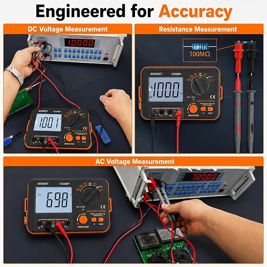 AIOMEST Digital Megohmmeter Megaohm Meter with 250V/500V/1000V Test Voltage Testing Insulation Resistance IR 0.1MΩ~2GΩ, Measure AC DC Volt Ohm, Continuity Tester, Megaohmeter w/Over-Range Indicator