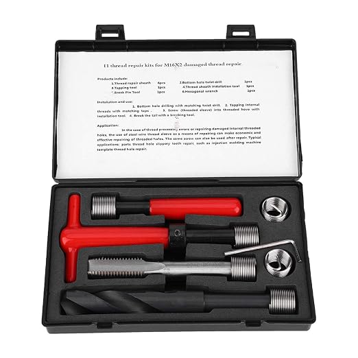 Jeanoko 11Pcs M16x2 Thread Repair Kit Stainless Steel Twisted Drill Tap Wrench Threaded Insert Tool for High Voltage Switchgear