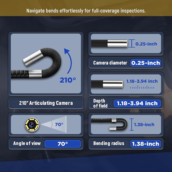 AUTOOL Borescope Camera with Light, 210° Two-Way Endoscope Inspection Camera, 6.45mm Steering Len, 6 LED Light, HD 1080P Video Borescope Compatible with Android and iOS Phone with 3FT Snake Cable